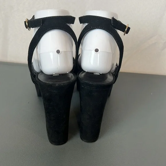 Mango Black Strappy Platform Heels Size 39 (US 8.5) Ankle Cuff Peep Toe - Picture 7 of 14